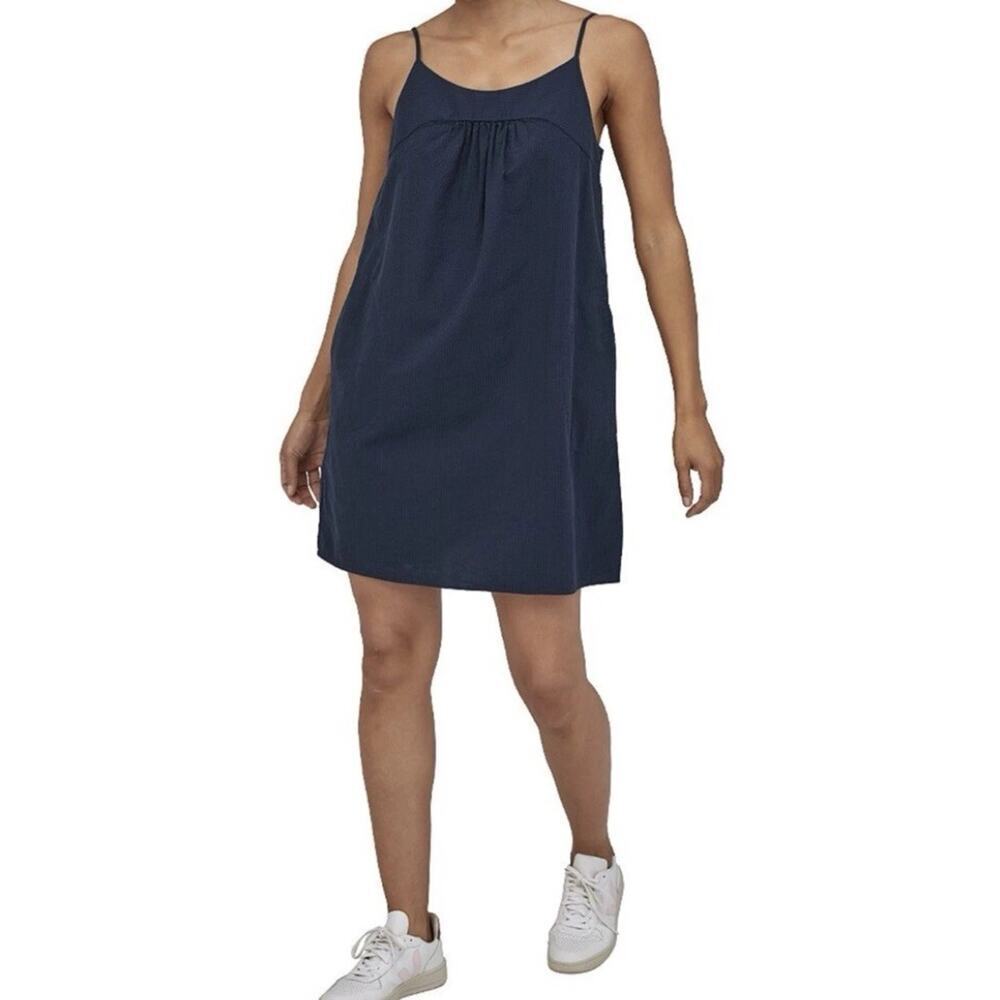 Patagonia Women’s Dress Sz S Blue Striped Seersucker Sleeveless Organic Cotton